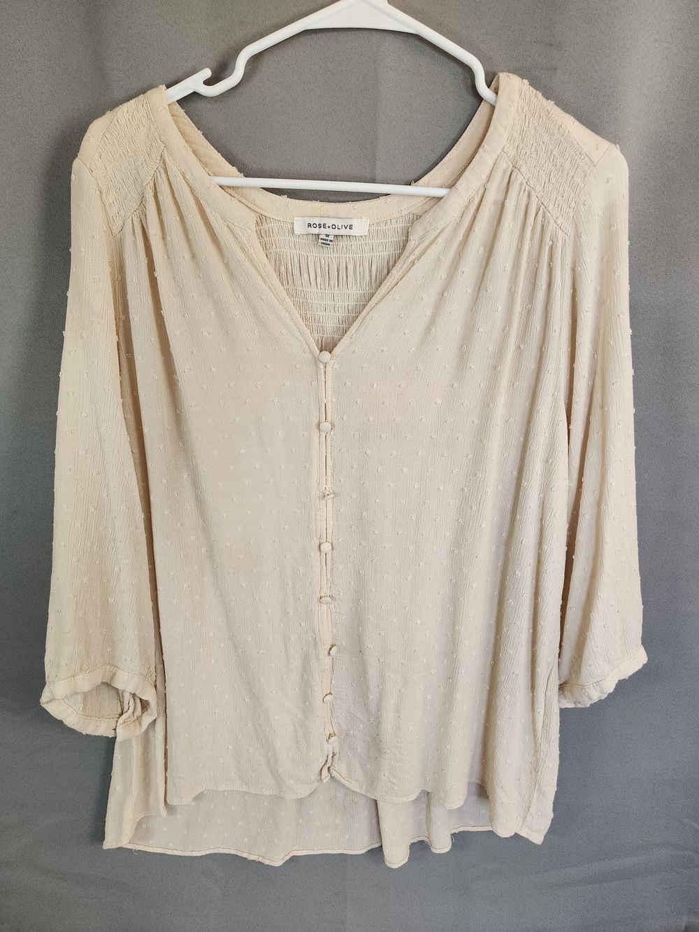 Rose & Olive Light Beige Dot-Texture Button Blouse